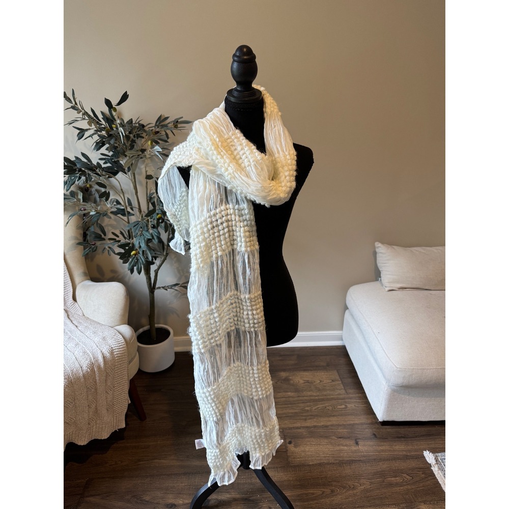 Cream White Popcorn Knit Crinkle Chiffon Textured Long Scarf Ruffle Edge